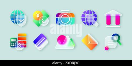Realistic ui icons with blur neon gradient in glassmorphism style. Transparent frosted 3d glass morphism design button set of camera, envelope, credit card, currency exchange for website or mobile app Stock Vector