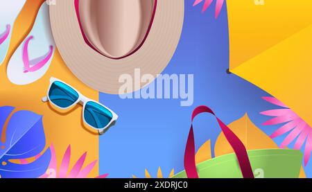 Summer beach essentials hat sunglasses flip-flops tote bag tropical leaves bright colors vacation travel accessories Stock Vector