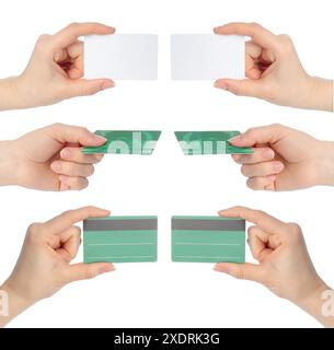 Set of Women Hands, which holding different Blank Cards, isolated on a transparent background Stock Photo