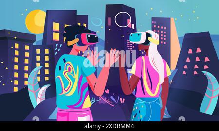 Two people wearing VR headsets exploring a futuristic cityscape with tall buildings and abstract elements vibrant colors digital art Stock Vector