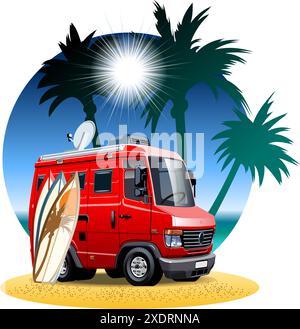 Vector cartoon camper van at the beach. Available eps-10 vector format separated by groups with transparency effects for one-click recolor Stock Vector