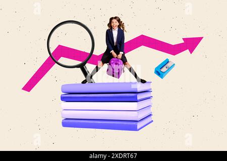 Composite photo collage of happy crazy schoolgirl hold backpack stand book stack arrow progress magnifier isolated on painted background Stock Photo