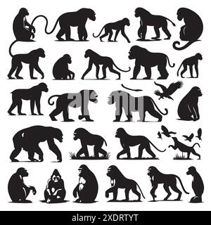 Silhouette set of ape animals. Vector isolated illustration Stock Vector