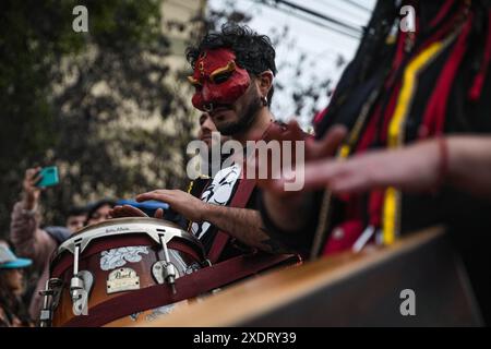 Santiago, Metropolitan Region, Chile. 23rd June, 2024. We Tripantu Carnival in the Plaza Salvador Allende of 'Los Copihues'', La Florida. The We Tripantu, or Mapuche New Year, is an ancient tradition that celebrates a new cycle in nature. Santiago, Chile. Jun 24, 2024. (Credit Image: © Joshua Arguello/ZUMA Press Wire) EDITORIAL USAGE ONLY! Not for Commercial USAGE! Stock Photo