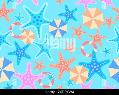 Summer beach seamless pattern with starfish, beach umbrellas and inflatable rings for swimming. Summer time. Beach top view for wallpapers, wrappers, Stock Vector