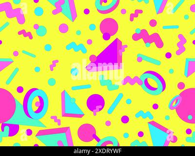 Geometric seamless pattern in 80s style. Colorful geometric pattern with isometric geometric 3D shapes. Design of promotional products, wrapping paper Stock Vector