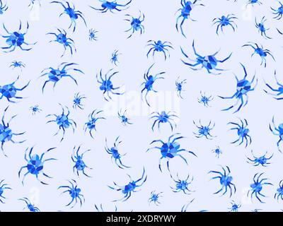 Polygonal spiders seamless pattern. Silhouettes of blue spiders on a white background. View of the spider from the side and from above. Design for pri Stock Vector