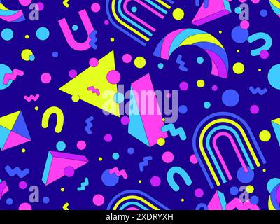 Geometric seamless pattern in 80s style. Colorful geometric pattern with isometric geometric 3D shapes. Design of promotional products, wrapping paper Stock Vector