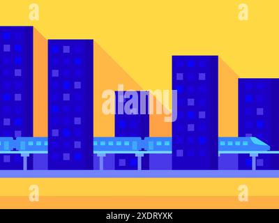 Train between high-rise buildings. Tall residential buildings with shadow in flat style. Railway and train. Side view of the city. City design for ban Stock Vector