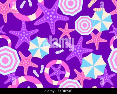 Summer beach seamless pattern with starfish, beach umbrellas and inflatable rings for swimming. Summer time. Beach top view for wallpapers, wrappers, Stock Vector