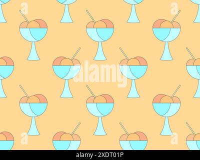 Ice cream in a glass seamless pattern. Ice cream balls in a glass with a spoon on a beige background. Design for wallpapers, wrappers, covers, banners Stock Vector