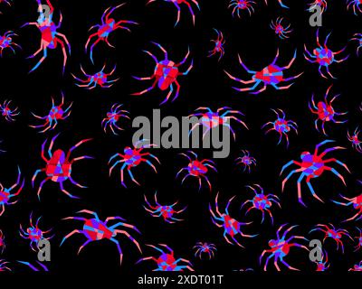 Seamless pattern of polygonal spiders. Silhouettes of spiders on a black background. View of the spider from the side and from above. Design for print Stock Vector