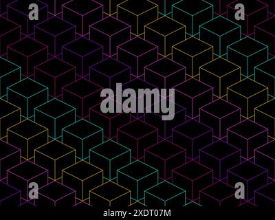 3D cubes seamless pattern. Multicolor abstract background in cyberpunk style. Cryptoblocks. Design for banners, printed materials and posters. Vector Stock Vector