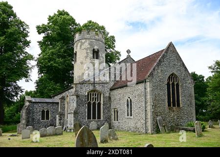 The round towered St Michael's Church, Aslacton, Norfolk, England, UK Stock Photo