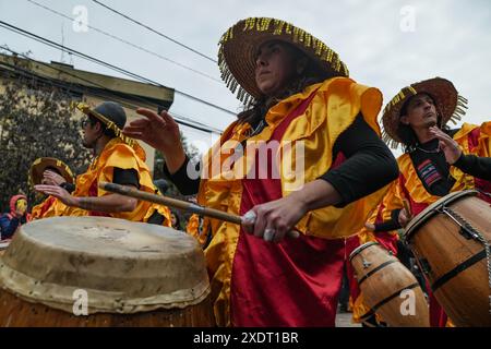 Santiago, Metropolitan Region, Chile. 23rd June, 2024. We Tripantu Carnival in the Plaza Salvador Allende of 'Los Copihues'', La Florida. The We Tripantu, or Mapuche New Year, is an ancient tradition that celebrates a new cycle in nature. Santiago, Chile. Jun 23, 2024. (Credit Image: © Joshua Arguello/ZUMA Press Wire) EDITORIAL USAGE ONLY! Not for Commercial USAGE! Stock Photo