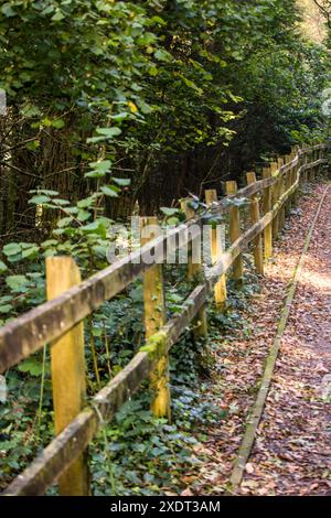 A small wooden fence next to the road in the small Welsh Town of Devils Bridge Stock Photo