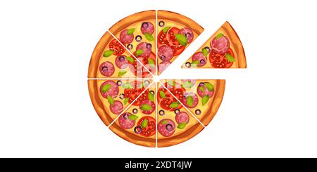 Pizza pieces. Cheese part of ready to eat cut food top view, cook dinner from sausage, tomato and italian olive. Online pizzeria delivery element for advertising realistic vector isolated illustration Stock Vector