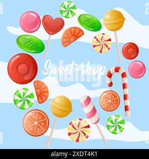 Sweets shop. Sugar desserts. Sky clouds. Yummy lollipops. Confection selling. Gummy candies. Delicious caramel bonbons. Confectionery store. Yummy food retail. Cafe marketing. Vector shopping banner Stock Vector