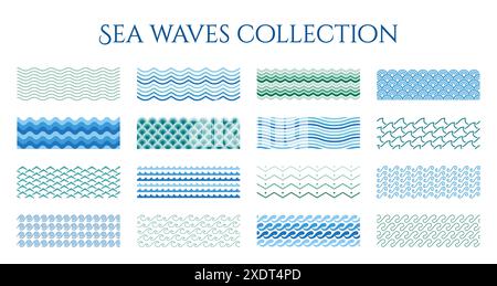 Sea waves. Line water blue pattern. Wavy ocean texture. Abstract marine ripple. Pool simple frame. River turquoise shapes. Aqua flow surface. Geometric flat graphics. Vector nautical ornaments set Stock Vector