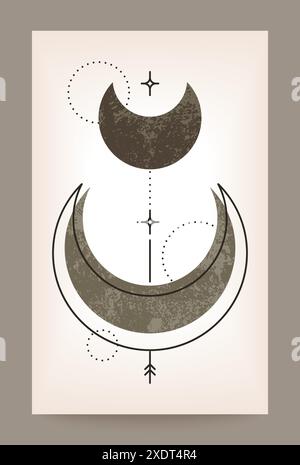 Moon poster. Boho stars. Abstract crescents. Esoteric astrology geometry. Line circles. Mystery tattoo. Magic symbol. Wizard space planets. Occult shapes. Galaxy print. Sacred icon. Vector tarot card Stock Vector