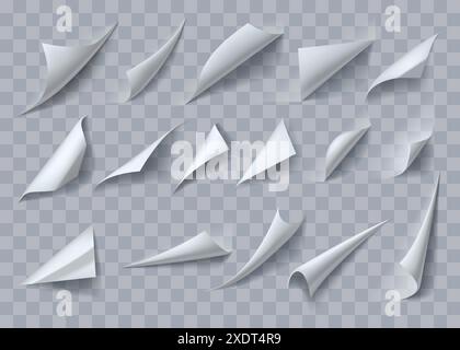 Paper page. Fold, turn and flip corners, realistic isolated on transparent background elements, curl and peel book sheet with shadows, edge and sticker back label collection. Vector graphic design set Stock Vector