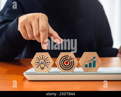 Digital marketing startup plan, SEO management with AI tools technology concepts. Smart creative lightbulb, target icon and growth graph symbol on hex Stock Photo
