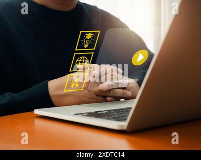 E-learning education, online learning course, internet lessons on website, application and webinar. Education internet Technology. Video media playing Stock Photo
