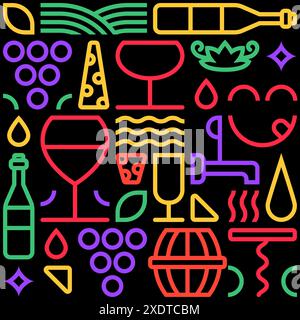 Wine and vinery elements, color blocks vector illustration. Drinking glasses, grapes, bottles colorful line icons for alcohol drinks list and bar menu Stock Vector