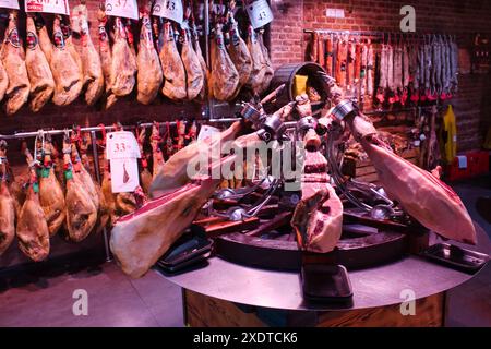 Inside a jamon iberico boutique in Madrid Stock Photo