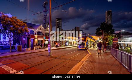 Gold Coast, Queensland, Australia - Modern tram stop in Southport at night Stock Photo