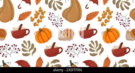 Seamless autumn pattern, cozy elements such as orange pumpkins, cinnamon spiced hot beverages in red mugs, fall leaves, berries, and a cute snail. War Stock Vector