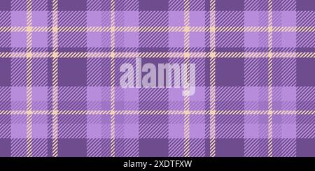 Seamless tartan pattern in purple and lavender shades with pale yellow highlights. The plaid design includes intersecting lines and squares, creating Stock Vector