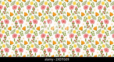 Continuous pattern featuring floral elements. Botanical-inspired recurring fabric or wallpaper design with yellow and orange flowers, red berries, lea Stock Vector