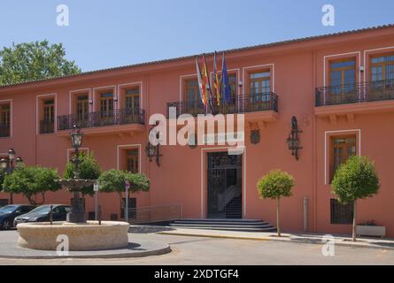 Exterior façade of the Requena Town Hall building, in the province of Valencia. This building was a monastery of Carmelite monks from the 13th century Stock Photo