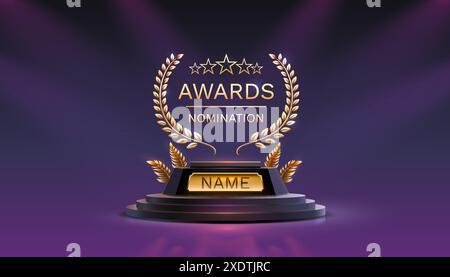 Awards nomination name podium, golden prize event, scene star ceremony. Vector Stock Vector