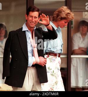 File photo dated 01/07/1990 of the then Prince of Wales and Princess of Wales leaving Cirencester Hospital after the Prince received treatment for a broken arm sustained during a polo match. Issue date: Monday June 24, 2024. Stock Photo