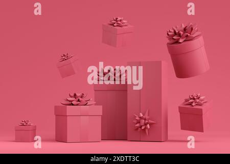 Gift boxes with ribbon and bow flying and falling on monochrome background. 3d render concept of greeting design Birthday, Merry Christmas, Black frid Stock Photo
