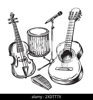 Hand drawn set of music instruments. Ink style vector illustration on white background Stock Vector