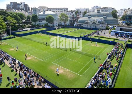 Eastbourne, UK. 24th June, 2024. A birdseye view of the practice courts during the Rothesay International Tennis Tournament at Devonshire Park, Eastbourne, East Sussex, UK. Credit: LFP/Alamy Live News Stock Photo