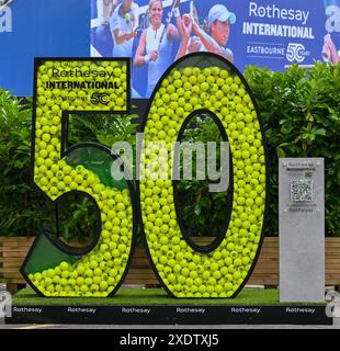 Eastbourne, UK. 24th June, 2024. The Rothesay International 50 Sponsorship display during the Rothesay International Tennis Tournament at Devonshire Park, Eastbourne, East Sussex, UK. Credit: LFP/Alamy Live News Stock Photo