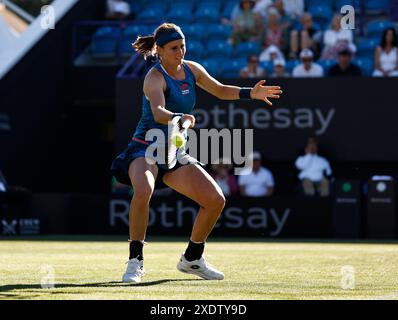 Eastbourne, East Sussex, UK. 24th June 2024; Devonshire Park, Eastbourne, East Sussex, England: Rothesay International Eastbourne, Day 1, Greet Minnen (BEL) plays a forehand against Jelena Ostapenko (LAT) Credit: Action Plus Sports Images/Alamy Live News Stock Photo