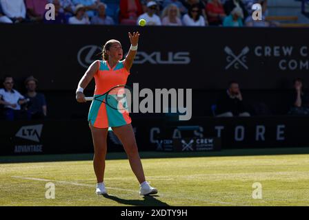 Eastbourne, East Sussex, UK. 24th June 2024; Devonshire Park, Eastbourne, East Sussex, England: Rothesay International Eastbourne, Day 1, Jelena Ostapenko (LAT) serves to Greet Minnen (BEL) Credit: Action Plus Sports Images/Alamy Live News Stock Photo