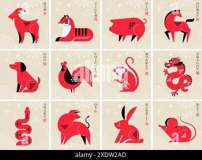 Chinese horoscope zodiac collection, geometric minimalist style. Animals symbols of Chinese New year . Set of mascots. Translate: rabbit , dragon Stock Vector