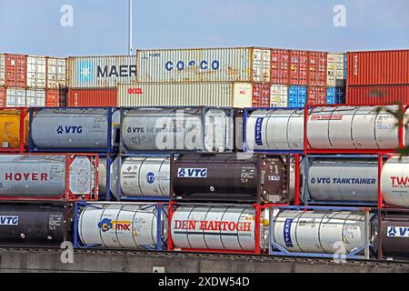 Der weltweit größte Binnenhafen Ansichten vom Duisburger Hafen, dessen Eigentümer die Betreiber des Duisburger Hafens und der Tochtergesellschaft Duisport sind. Man sieht zahlreiche Container mit Wirtschaftsgütern aller Art, sowie die Wasserwege und die Unternehmenszentrale. Duisburg Nordrhein-Westfalen Deutschland Hafen *** The worlds largest inland port Views from the Port of Duisburg, owned by the operators of the Port of Duisburg and its subsidiary Duisport You can see numerous containers with all kinds of goods, as well as the waterways and the company headquarters Duisburg Nordrhein West Stock Photo