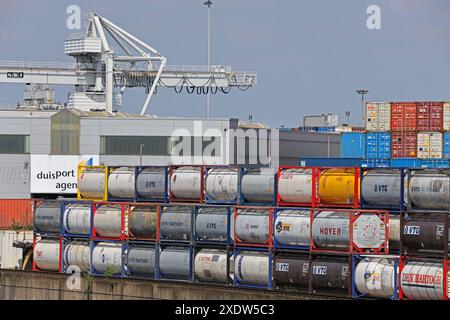 Der weltweit größte Binnenhafen Ansichten vom Duisburger Hafen, dessen Eigentümer die Betreiber des Duisburger Hafens und der Tochtergesellschaft Duisport sind. Man sieht zahlreiche Container mit Wirtschaftsgütern aller Art, sowie die Wasserwege und die Unternehmenszentrale. Duisburg Nordrhein-Westfalen Deutschland Hafen *** The worlds largest inland port Views from the Port of Duisburg, owned by the operators of the Port of Duisburg and its subsidiary Duisport You can see numerous containers with all kinds of goods, as well as the waterways and the company headquarters Duisburg Nordrhein West Stock Photo