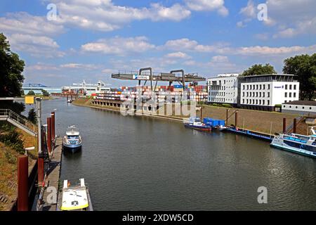 Der weltweit größte Binnenhafen Ansichten vom Duisburger Hafen, dessen Eigentümer die Betreiber des Duisburger Hafens und der Tochtergesellschaft Duisport sind. Man sieht zahlreiche Container mit Wirtschaftsgütern aller Art, sowie die Wasserwege und die Unternehmenszentrale. Duisburg Nordrhein-Westfalen Deutschland Hafen *** The worlds largest inland port Views from the Port of Duisburg, owned by the operators of the Port of Duisburg and its subsidiary Duisport You can see numerous containers with all kinds of goods, as well as the waterways and the company headquarters Duisburg Nordrhein West Stock Photo