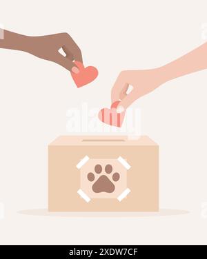 Hands of different skin tones putting hearts in an animal charity box with a paw print sticker on it. Flat vector illustration Stock Vector