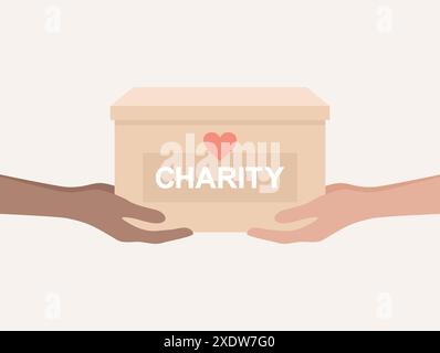 One pair of hands handing over a box of charity aid to another. Flat vector illustration Stock Vector