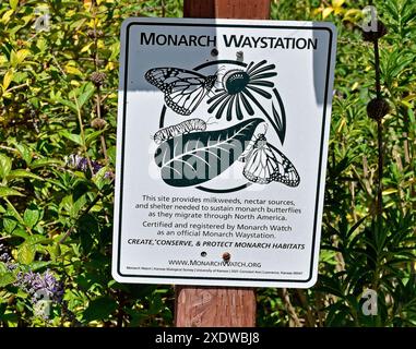 monarch butterfly way station sign at Quarry Lakes Regional Recreation Area, Fremont, California Stock Photo