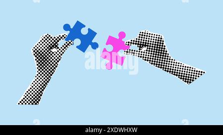 Halftone Collage business theme pop art style. Effect cut paper from newspaper. Hands holding the puzzle. Design banner poster advertising materials. Vector illustration. Stock Vector